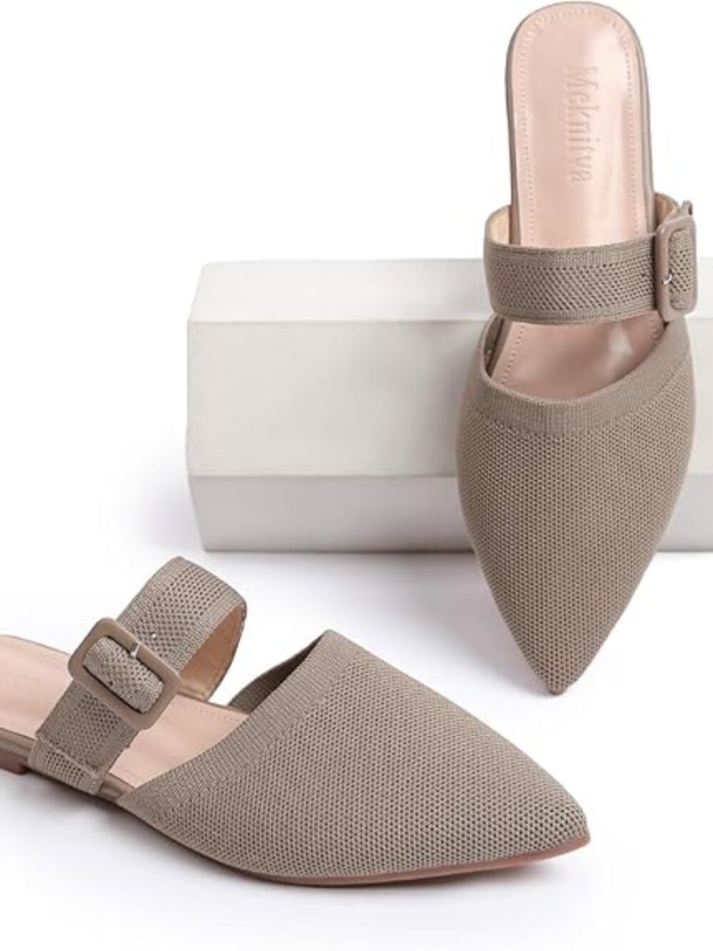 Meknitva Women's US 6, 7 Mocha Pointed Toe Mules Slip-On Backless Flat Sandals W